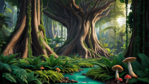 Pangian Forest A cartoon-styled images of the Pangian Forest. Giant trees, ferns, and mushroom surround a small river.