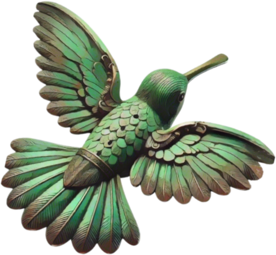 A hummingbird flute that is tarnished green.