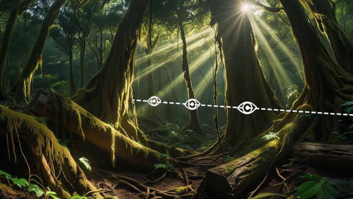 An image showing how to line up objects in the forest to walk in a straight line