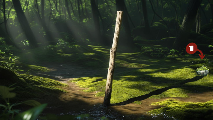 Shadow Stick Method Step 1: A stick sticks out of the forest floor. There is a rock placed at the end of the shadow it casts.