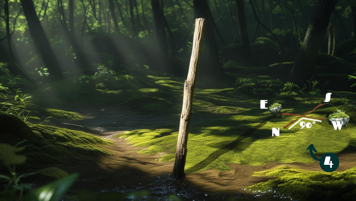 Shadow Stick Method Step 1: A stick sticks out of the forest floor. There is a rock placed at the end of the shadow it casts.